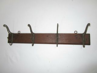 Vtg Wood Coat Rack Hat Wall Hanger Brass Hooks Old Oak Wood Antique Hooks 23 " W