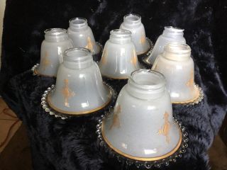 8 Rare Antique Imperial Candlewick Frosted Lampshade Gold Band And Medallions