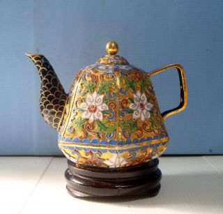 Vintage Cloisonne Teapot With Wood Stand Hand Made In Beijing Circa 1960s