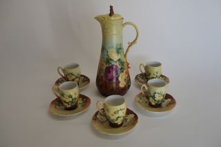 Antique Hand Painted Porcelain Goa Chocolate Pitcher With Carl Tielsch Cups