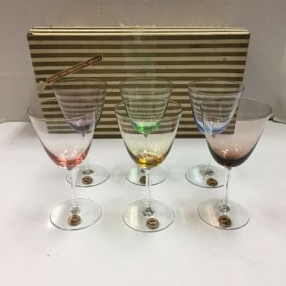 Set 6 Vintage German Handmade Crystal Multicolored Stemware Glasses