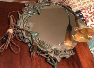 Antique Tiffany Style Art Glass Table Lamp And Mirror Bronze Great Patina