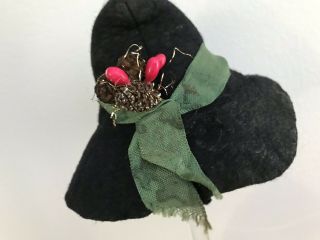 Vintage Doll Felt Hat Black Pinecones Whimsical Novelty Christmas 30s 40s A31