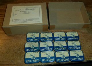 Vintage F.  J.  Davignon Superior Sinkers Split Shot Tin Dealer Box W/ 12 Tins