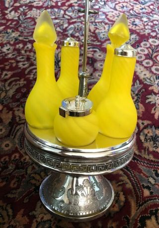 Victorian Antique Yellow Spiraled Glass 5 Bottle Cruet Castor Condiment Set