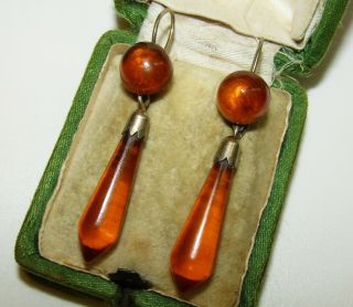 Gorgeous,  Antique Victorian 9 Ct Gold Earrings With Natural Amber