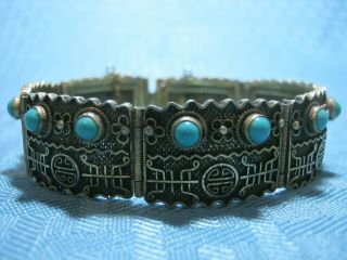 Vintage Chinese Export Silver Gilt Gold Filigree Turquoise Bracelet Marked