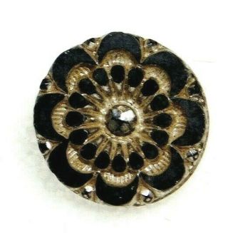 Antique Vtg Button Crescent Moon Design In Black Glass W Silver Luster 1/2 G