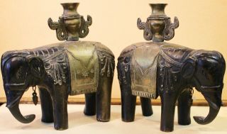 ANIQUE PAIR CHINESE BRONZE ELEPHANT CANDLE HOLDER STATUES PERFECT 2