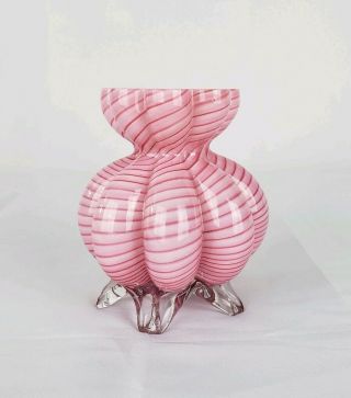 Antique Bohemian Franz Welz Art Glass Cased Candy Cane Glass Footed Cabinet Vase