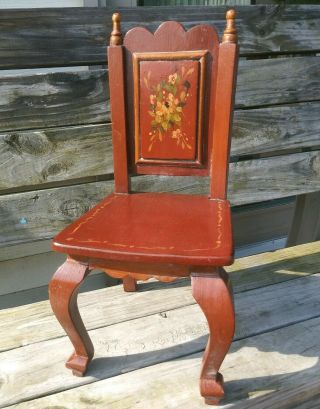 Large Wooden Doll Bear Chair 16 " Height Vintage Handpainted Floral Design