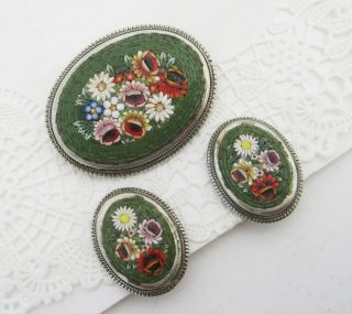 Vintage / Antique Green Micro Mosaic Oval Floral Brooch & Earrings Set