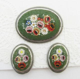 Vintage / Antique Green Micro Mosaic Oval Floral Brooch & Earrings Set 2