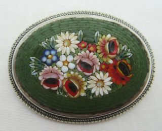 Vintage / Antique Green Micro Mosaic Oval Floral Brooch & Earrings Set 3