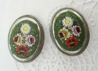Vintage / Antique Green Micro Mosaic Oval Floral Brooch & Earrings Set 7