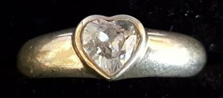 Sterling Silver & Clear Stone Vintage Art Deco Antique Heart Ring - Size P 1/2