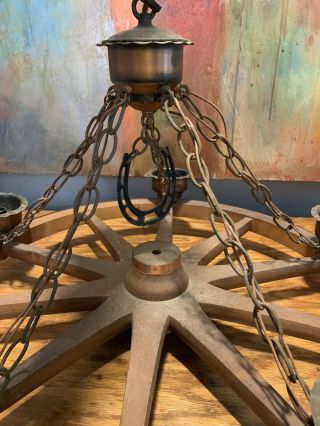 Antique Wood Wagon Wheel 5 Light 24 " Copper Brass Chandelier Rustic Country