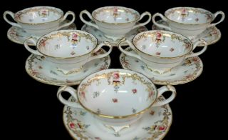 Set Of 6 Antique Hand Painted Cauldon Porcelain England Cream Soup Cup & Saucer