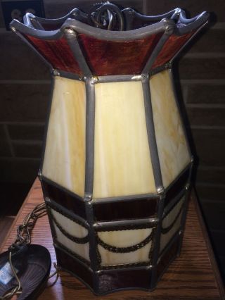 ANTIQUE ARTS & CRAFTS LEADED SLAG GLASS PENDANT SHADE LIGHT CEILING LAMP FIXTURE 3