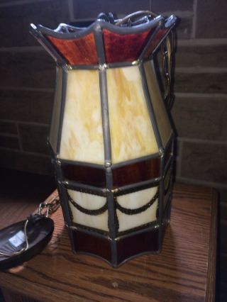 ANTIQUE ARTS & CRAFTS LEADED SLAG GLASS PENDANT SHADE LIGHT CEILING LAMP FIXTURE 8