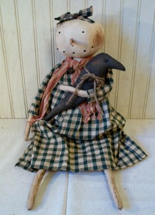Primitive Grungy Lady Snowman Christmas Doll & Her Crow
