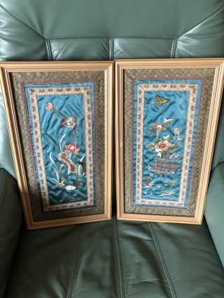 Vintage Chinese /japanese Silk Pictures X2 Hand Embroidered Butterfly & Flowers