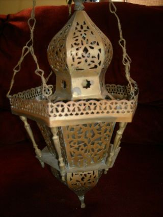 Vintage Persian Moroccan Pierced Brass Hanging Lantern Candle Insence W/ Glass