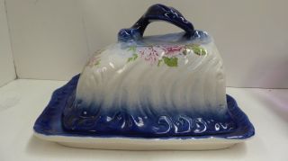 Antique Victorian Cheese Butter Dish Blue With Pink Roses Pottery Ceramic