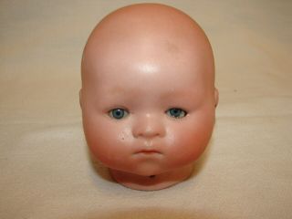 Vintage German Porcelain Bisque Doll Head Boy Face Round Head Blue Eyes Part