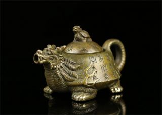 Chinese Old Brass Statue Dragon Turtle Tortoise Teapot Wine Pot Flagon Statue
