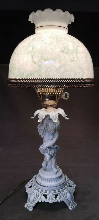 Vintage Accurate Casting Cherub Table Lamp W/gorgeous Glass Shade - Green Hue