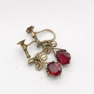 Antique Victorian Paste Screw Back Gem Set Red Garnet Costume Ladies Earrings
