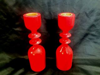 2 Vintage Red Mid Century Modern Danish Candle Holder Turned Wood (a015)