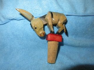 Anri /.  Hand Carved Wood Bottle Stopper Donkey Mechanical Animated Antique