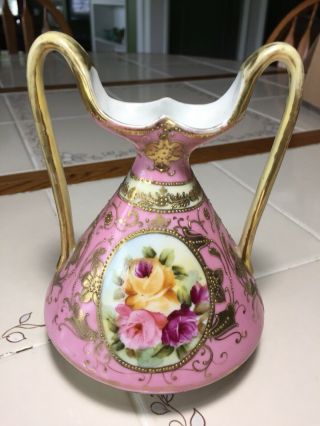 Antique Nippon Moriage Floral Vase Art Noveau Hand Painted Gilded Gold 7