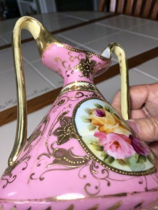 Antique Nippon Moriage Floral Vase Art Noveau Hand Painted Gilded Gold 7 3