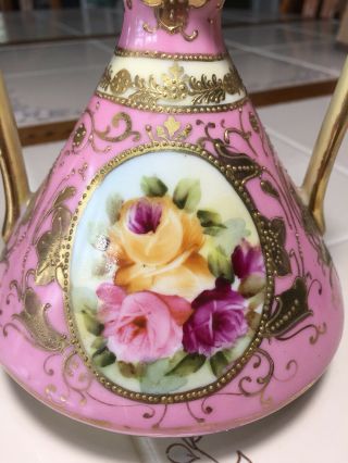 Antique Nippon Moriage Floral Vase Art Noveau Hand Painted Gilded Gold 7 6