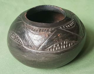 Antique Native American Indian Pottery Bowl,  Burnished Black Decorated