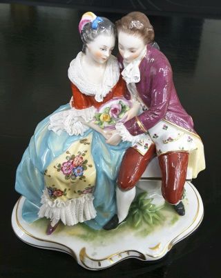 Antique Victorian Dresden Lace Figurine Of Couple In Love - Fantastic