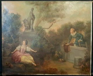 Antique Oil Painting On Canvas " Romantic Scene With Romeo And Juliet " 1800 Circa