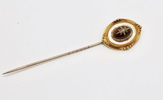 A Heavy Antique Victorian 15ct Gold Enamel Cabochon Garnet & Diamond Stickpin