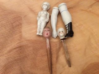 Antique Vintage Porcelain Doll Arm & Leg,  Frozen Charlotte & 2 Heads On Sticks
