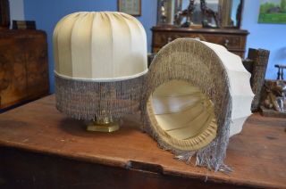 Vintage 1930s Cream Fabric Light Lamp Shades With Glass Effect Tassles