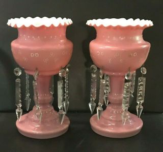 19th.  Century Antique Pink Cased Glass/ Crystal Mantle Lusters