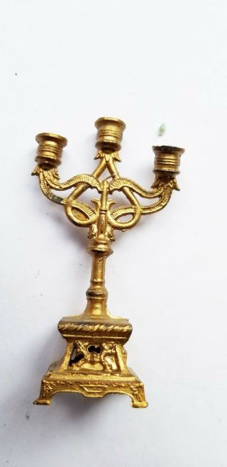 Antique Gilt Metal 3 Arm Fancy Candelabra With Square Heavy Base Circa 1890,  S