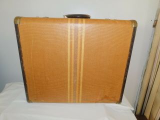 Antique Luggage Tweed Striped Wooden Suitcase Trunk Leather Handle