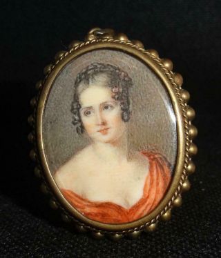 Antique Hand Painted Portrait Miniature Pendant - Pretty Young Lady In Red Dress