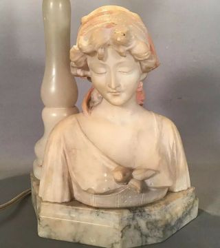 C.  1900 Antique Art Nouveau Era Carved Alabaster Lady Bust Figural Statue Lamp