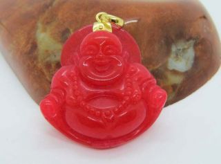 18k Gold Blood Red Jadeite Jade Carved Laughing Buddha,  Happy Buddha Pendant