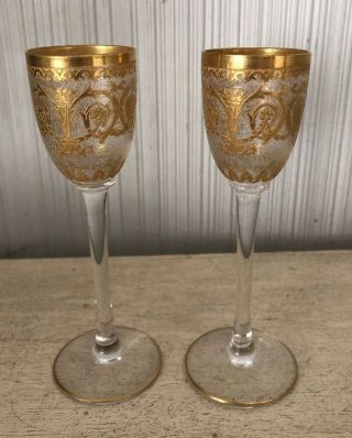 Antique Set Pair Gold Rim Ornate Cordial Liquor Shot Port Glasses Moser Crystal